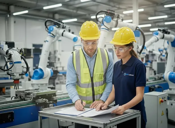 Ingenieros revisando contrato a prueba en planta industrial.