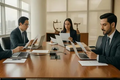 Abogados y ejecutivos revisando documentos de la nueva reforma laboral en México.